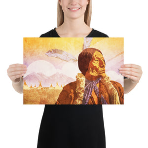 Retro Style Giclée art print of Native American Chief Wolf Robe of the Cheyenne with teepees and mountains in background.