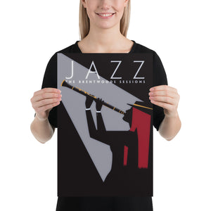 Black graphic giclee art print of female jazz clarinet player with spotlight.