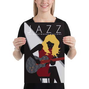 Black graphic giclee art print of blonde female jazz guitarist with spotlight.