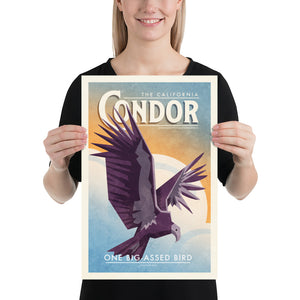 Art print of graphic vintage style California Condor Poster with bright colors and clouds in background. One big-assed bird. 12x18 size.