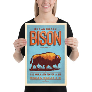 Vintage style humorous American Bison art print with ornate typography inspired by old travel, national parks and wildlife posters. Size 12" x 18".