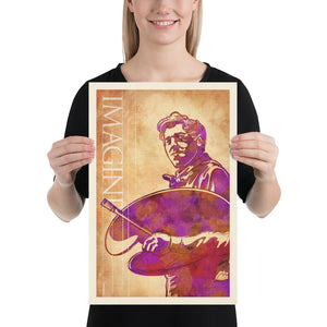 Portrait of N.C. Wyeth holding his artist palette and brush and the word “IMAGINE”. The poster shows Wyeth depicted with strong colors and simple shapes with a painterly background. Size 12" x 18" 