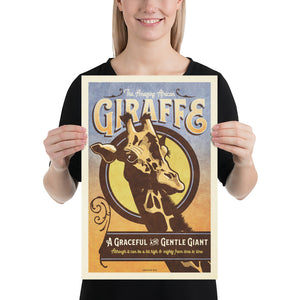 Vintage style humorous African Giraffe art print with ornate typography and graphics inspired by old travel, and wildlife posters of the 1930s 40s and 50s. Print shows an African Giraffe within a graphic circle and a humorous thought. Size 12"x18"