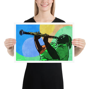An upbeat and colorful print of New Orleans Jazz Clarinetist Doreen Kethchens. Bold graphic lines and bright colorful shapes create an energetic portrait of the black musician.  Size 18x12