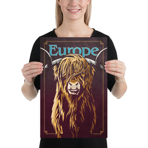 Bold graphic giclée art print of a European Highland Cow. Print shows a European Highland Cow blending into a dark purple background and overlapping the word “Europe”. Size 12" x 18"