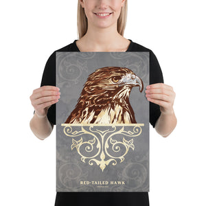 Bold graphic giclée art print of a Red-Tailed Hawk. Print is a portrait of a Red-Tailed Hawk adorning the top of a beautiful graphic ornament on a blue green background with the words “Red-Tailed Hawk” below. Size 12" x 18"