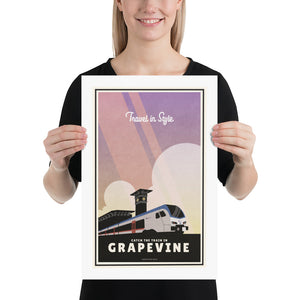 A retro style poster of a Texas Commuter Train with the words “Travel in Style”. Print depicts a modern commuter train passing an iconic clock tower and is bold black with bright colors. There are additional words a the bottom that says “Catch the train in Grapevine”. Size 12" x 18"
