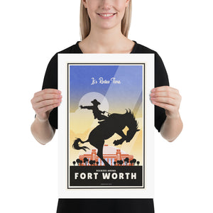 A retro style giclée art print of a Cowboy on a bucking bronco in front of Dickies Arena in Fort Worth, Texas. It has the words “It’s Rodeo Time” at the top. The print primarily is in bold black with bright colors. There are additional words a the bottom that says “Dickies Arean, Fort Worth”. Size 12" x 18"