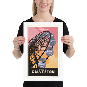 A retro style giclée art print of the Ferris Wheel on the Pleasure Pier in Galveston, Texas. It has the words “Fun for Everyone” at the top. The print primarily is in bold black with bright sunset colors. There are additional words a the bottom that says “Pleasure Pier, Galveston”. Size 12" x 18"