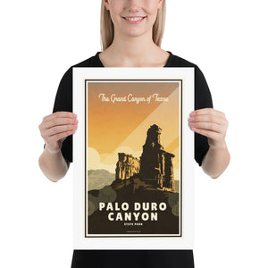 A retro style giclée art print of the Lighthouse in Palo Duro Canyon State Park in Texas. It has the words “The Grand Canyon of Texas” at the top. The print primarily is in bold warm tones with bright sunset colors. There are additional words a the bottom that says “Palo Duro Canyon State Park”. Size 12" x 18"