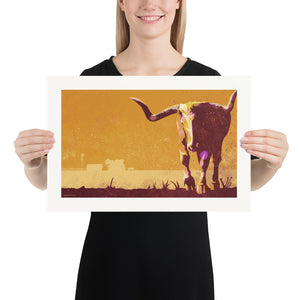 Modern style giclée art print of a longhorn in the field behind a farmhouse. It is brightly colored, yet has gritty texture overall. There is farmhouse, barn and windmill in the background. Size 18" x 12"