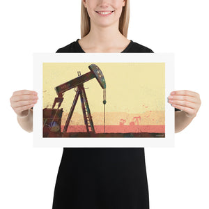 Modern style giclée art print of an Oil Pump in West Texas. The oil pump is gritty and rough, with smaller oil pumps in the background. It’s bright dusty hot background colors, rich foreground colors and gritty texture will make a great impression in any room. Size 18" x 12"