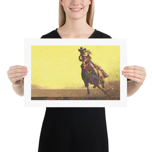 Modern style giclée art print of a cowgirl riding a horse on the plains. It is brightly colored, yet has gritty texture overall. There are mountains in the background. Print 12" x 18"