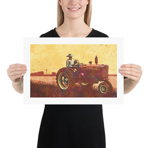 Modern style giclée art print of an old Tractor in a field. It is brightly colored, yet has gritty texture overall. There is a field and farm house with barn in the background. Print Size 18" x 12"