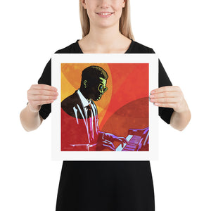 An upbeat and colorful print of a cool New Orleans Jazz Pianist. Bold graphic lines and bright colorful shapes create an energetic portrait of the black musician.  Size 14" x 14"