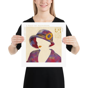 Colorful portrait of a woman’s hat with the South Korea-born American children's book author An Na quote “Hats are like a halo of happiness.” Bold graphic shapes in bright colors combined with sophisticated typography and intriguing negative space creates a compelling art piece. Size 14" x 14"