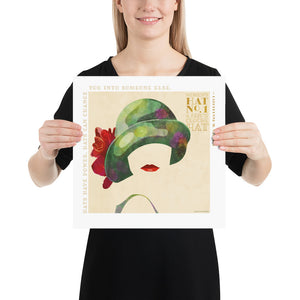 Colorful portrait of a woman’s cloche hat with the American children's book author Catherynne M. Valente quote “Hats have power. Hats can change you into someone else.” Bold graphic shapes in bright colors combined with sophisticated typography and intriguing negative space creates a compelling art piece. Size 14" x 14"