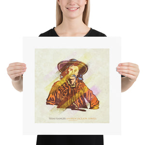 Retro styled art print of 1800’s Texas Ranger Andrew Jackson Sowell. Bold graphic lines are complemented by colorful streaks giving the piece a sense of movement. The print has the words “Texas Ranger Andrew Jackson Sowell” on it. 18"x18"