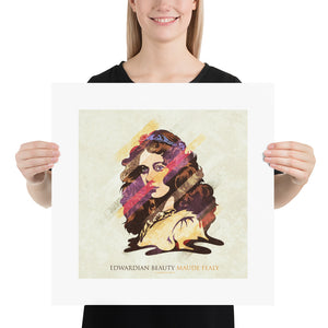 Retro styled art print of early 1900’s actress Maude Fealy. Fealy. Bold graphic lines are complemented by colorful streaks giving the piece a sense of movement. The print has the words “Edwardian Beauty Maude Fealy” on it. Size 18"x18"