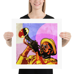 An upbeat and colorful print of New Orleans Jazz Trumpeter Branden Lewis. Bold graphic lines and bright colorful shapes create an energetic portrait of the black musician.  Size 18"x18"