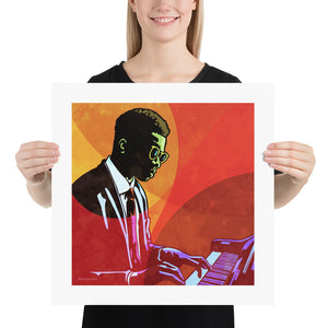 An upbeat and colorful print of a cool New Orleans Jazz Pianist. Bold graphic lines and bright colorful shapes create an energetic portrait of the black musician.  Size 18" x 18"