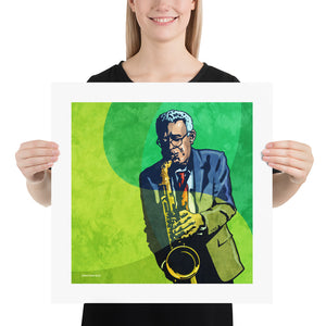 An upbeat and colorful print of cool New Orleans Jazz Saxophonist Charlie Gabriel. Bold graphic lines and bright colorful shapes create an energetic portrait of the black musician.  Size 18" x 18"