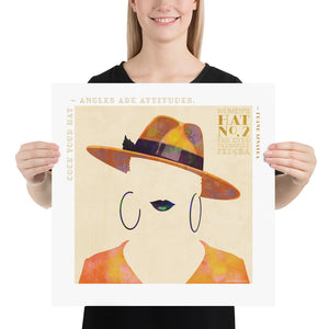 Colorful portrait of a woman’s hat with the Frank Sinatra quote “Cock your hat - angles are attitudes.” Bold graphic shapes in bright colors combined with sophisticated typography and intriguing negative space creates a compelling art piece. Size 18" x 18"