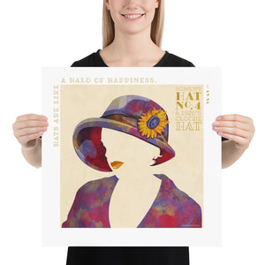 Colorful portrait of a woman’s hat with the South Korea-born American children's book author An Na quote “Hats are like a halo of happiness.” Bold graphic shapes in bright colors combined with sophisticated typography and intriguing negative space creates a compelling art piece. Size 18" x 18"