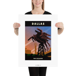 Giclée art print and travel poster of the “original” Pegasus neon sign in Dallas, Texas. The vintage Mobil Oil sign depicts the winged horse in glorious neon art print. 