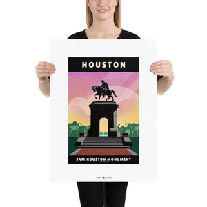 Giclée art print and travel poster of the Sam Houston Monument in Houston, Texas, with trees, water fountain, clouds and sun rays in background.