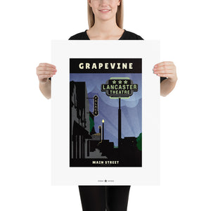 Art print and travel poster of neon signs in small town USA — Grapevine, Texas, featuring the Lancaster Theater and Palace Movie Theater neon signs. Size 18" x 24".