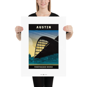 Art print and travel poster of the Pennybacker Bridge in Austin, Texas, featuring a dramatic sunset and beautiful spring like colors. Size 18" x 24".