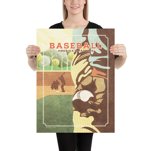 Retro styled giclée art print of an American Baseball Pitcher’s hand holding the ball in the extreme foreground with the batter, catcher and umpire in the background. It’s warm color palette, gritty texture and vintage typography will make a great impression in any room. Size 18" x 24"