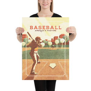 Retro styled giclée art print of an American Baseball Player at home plate about to swing. The baseball player is shown about to swing at the fastball that has been thrown inside a local ballpark. It’s warm color palette, gritty texture and vintage typography will make a great impression in any room. Print size 18" x 24"