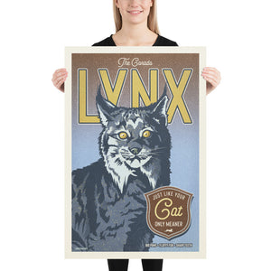 Vintage style humorous Canadian Lynx art print with ornate type inspired by old travel, national parks and wildlife posters.