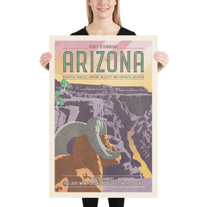 Giclée Art Print Travel Poster of Arizona featuring a Bighorn Sheep looking out over the Grand Canyon, with type on top and bottom that is humorous.