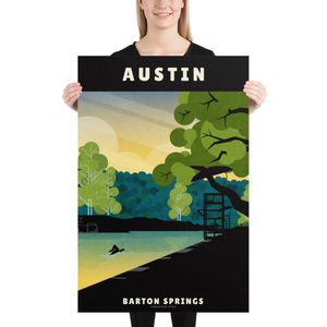 Giclée art print of lone swimmer in Barton Springs Swimming Pool, Austin, Texas, with bright greens, teals, yellows and rich black colors.
