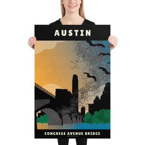 Giclée art print travel poster of Congress Avenue Bridge in Austin, Texas, with bats taking flight at dusk.