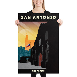 Giclée art print travel poster of The Alamo in San Antonio, Texas at sunset.