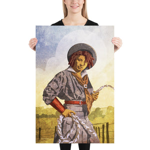 Giclée art print of the black cowgirl Nellie Brown holding a lasso and whip. 