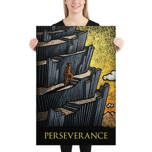 Graphic art print of a man climbing a mountain with the title "Perseverance".