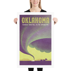 Humorous graphic travel poster of Oklahoma with colorful tornado heading towards farm house.