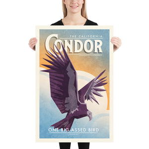 Art print of graphic vintage style California Condor Poster with bright colors and clouds in background. One big-assed bird. 24x36 size.