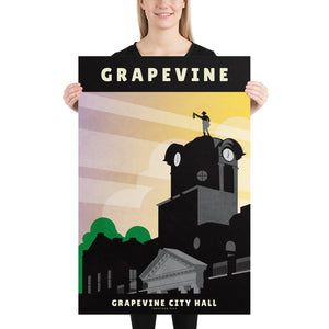 Giclée art print and travel poster of the City Hall building in Grapevine, Texas, featuring clock tower, with sculpture of cowboy holding lamp with sunset rays in background.