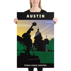 Art print and travel poster of the Texas State Capitol building in Austin, Texas featuring a sculpture of a cowboy riding a horse in the foreground and the Capitol dome with sun rays in the background. Size 24" x 36"