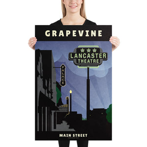 Art print and travel poster of neon signs in small town USA — Grapevine, Texas, featuring the Lancaster Theater and Palace Movie Theater neon signs. Size 24 x 36"