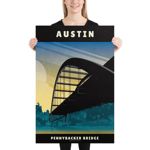 Art print and travel poster of the Pennybacker Bridge in Austin, Texas, featuring a dramatic sunset and beautiful spring like colors. Size 24" x 36"