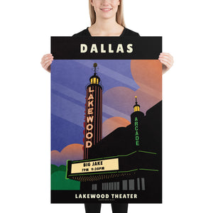 Art print and travel poster of the art deco Lakewood Movie Theater in Dallas, Texas featuring a neon sign and movie marque and stunning night sky. Size 24" x 36".