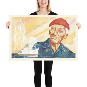 Stunning portrait of Jaques Cousteau with his research vessel “Calypso" and the word “EXPLORE”. The poster shows Cousteau overlooking his research vessel Calypso, with clouds and sun rays in the background. Size 36: x 24"