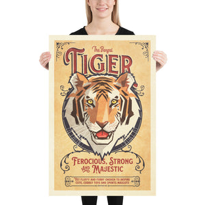 Vintage style humorous Bengal Tiger art print with ornate typography and graphics inspired by old travel, and wildlife posters of the 1930s 40s and 50s. 24"x36"
